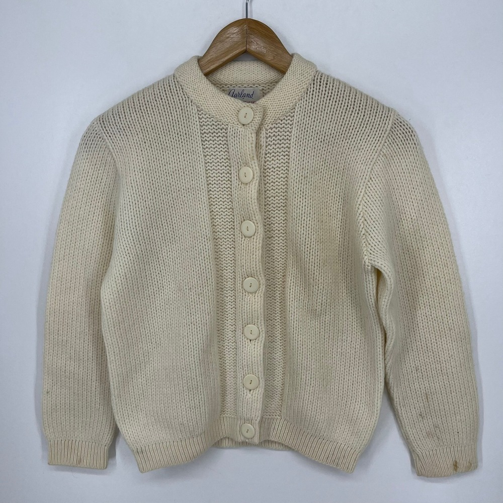 Vintage 60s Garland Rugglespun Cream Knit Button Cardigan Sweater Womens XS